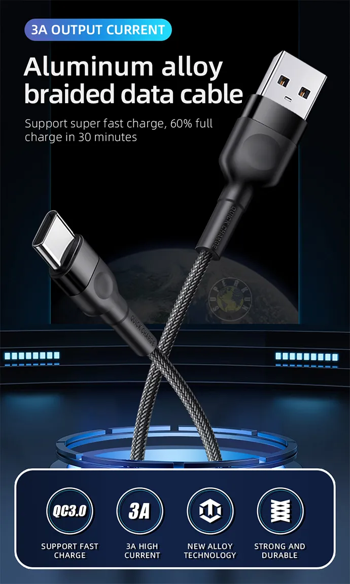 Durable Nylon Braided Micro USB & Type-C Data Charging Cable for Android Phones Black, 1m/2m/3m